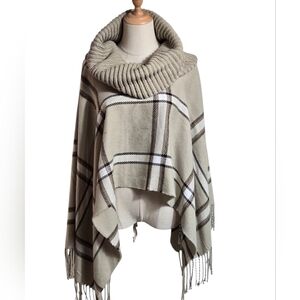 Apt. 9 Tan And Brown Plaid Fringe Sweater Cowl Neck Poncho NWT